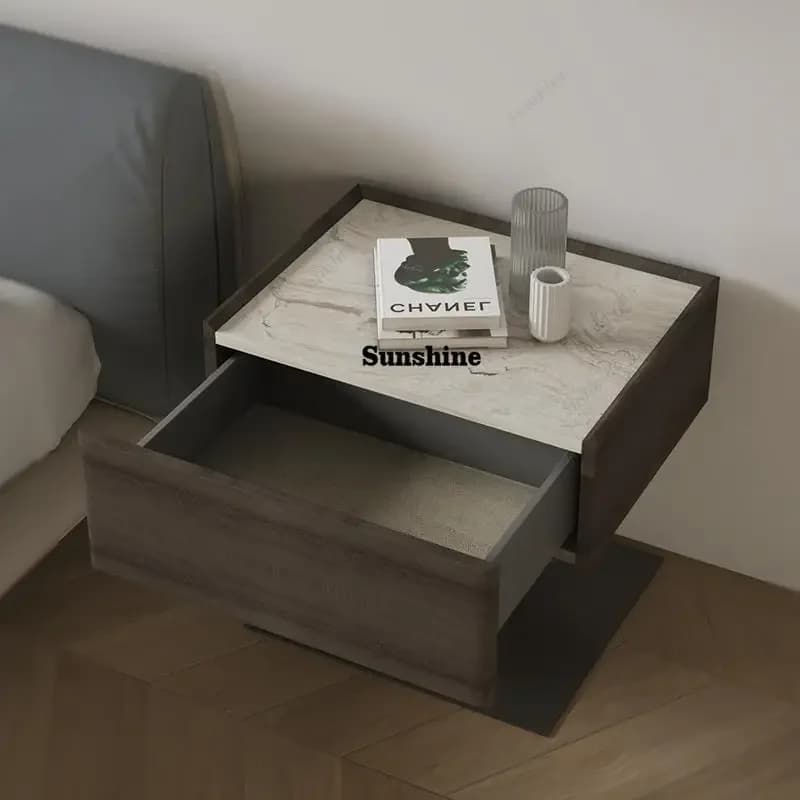 Table de chevet minimaliste en bois massif TS, table de chevet design avec plateau en marbre naturel