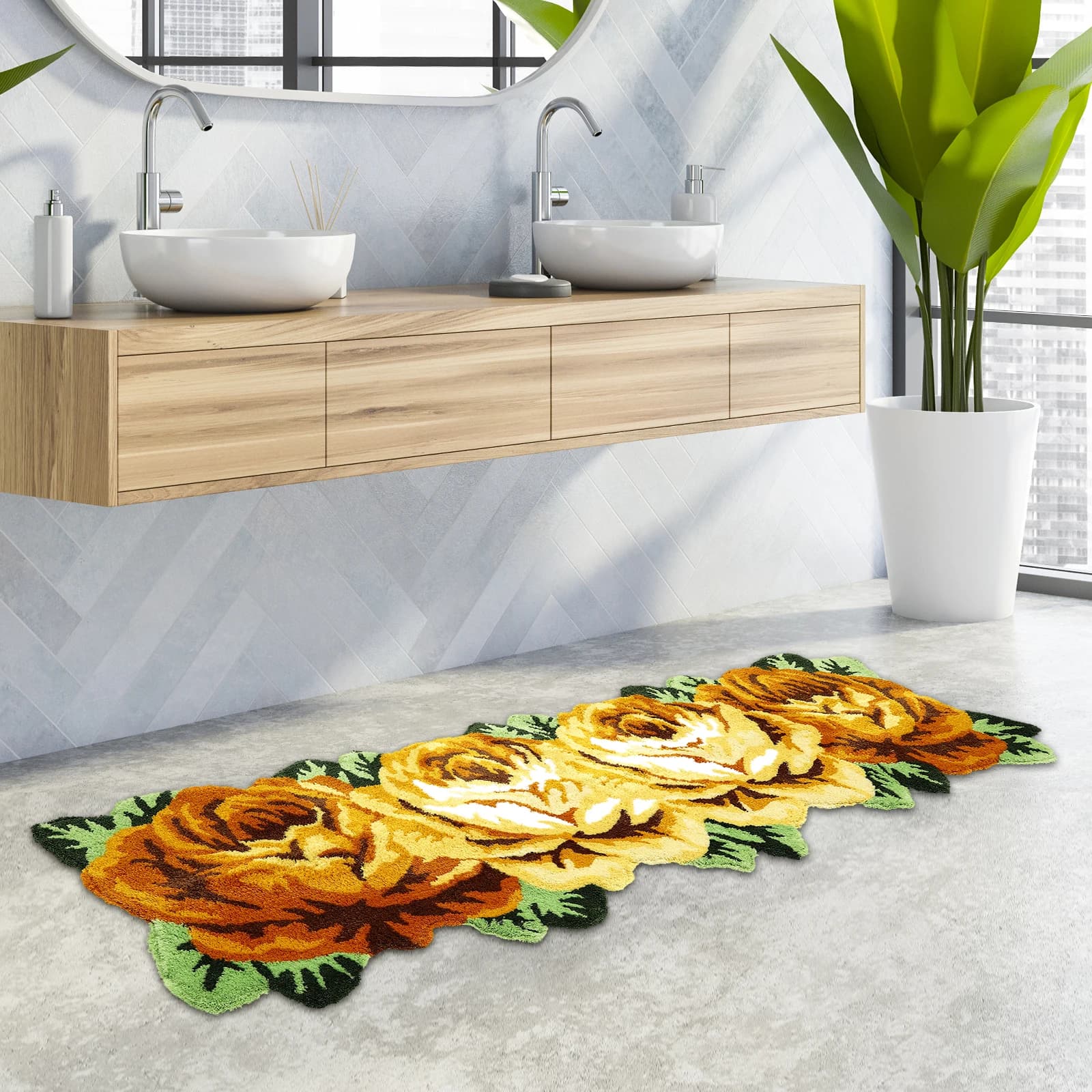 Tapis en peluche lavable de style moderne, 4 couleurs, fleur lea polymères, anti-ald, polymère de so