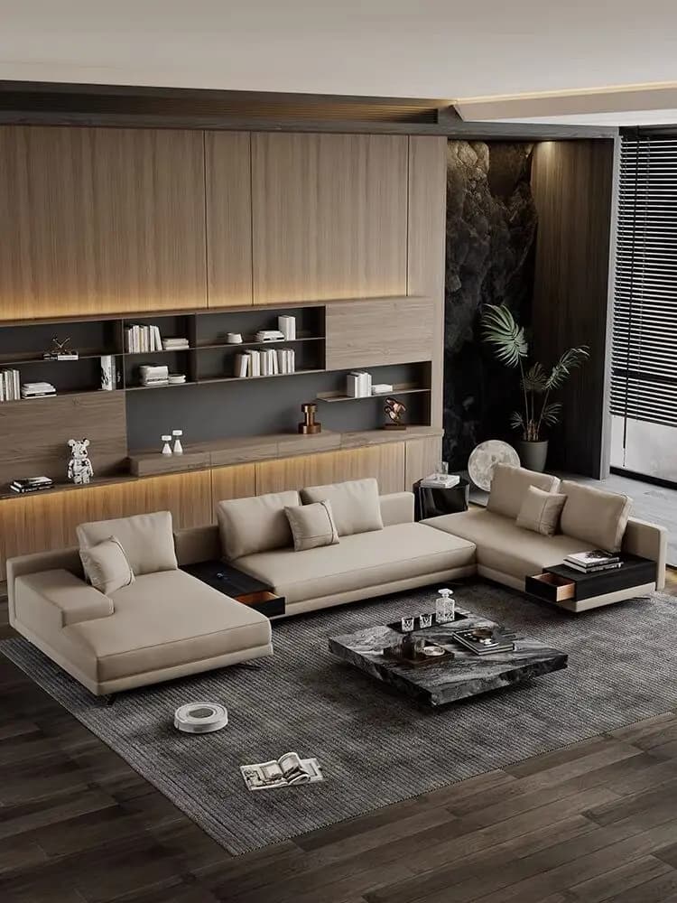 Canapé d'angle en forme de L de luxe avec rembourrage en éponge et emballage sous vide pour salon