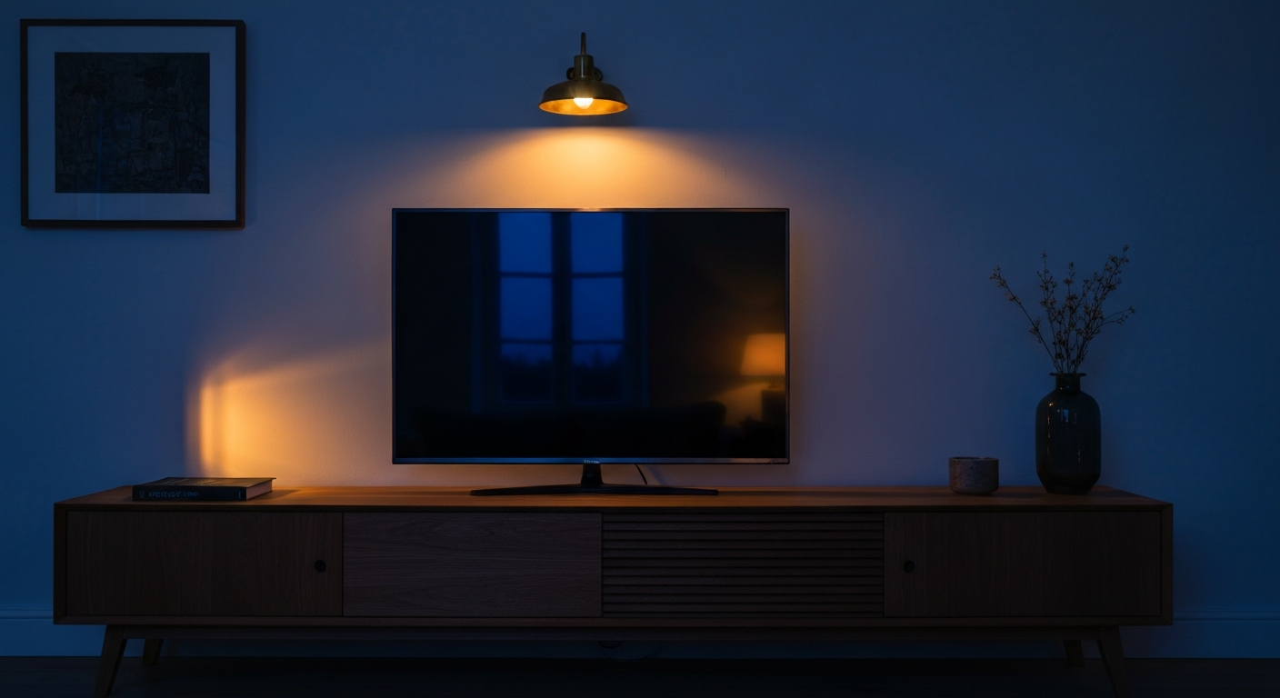 Meuble TV long en chêne au crépuscule, lampe en laiton allumée