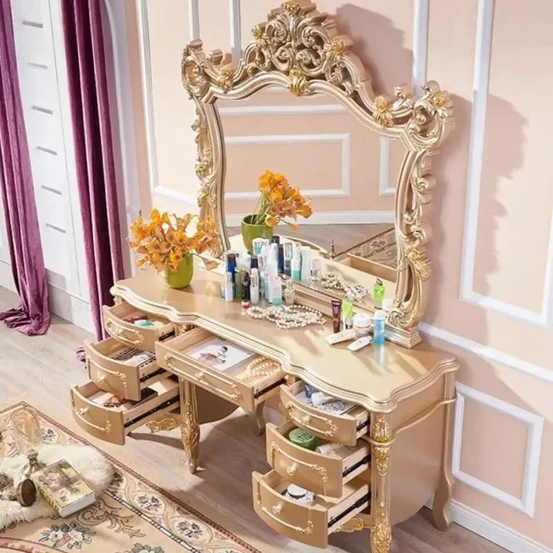 Coiffeuse dorée de luxe avec grand miroir, sculptée avec raffinement, style européen, pour chambre à