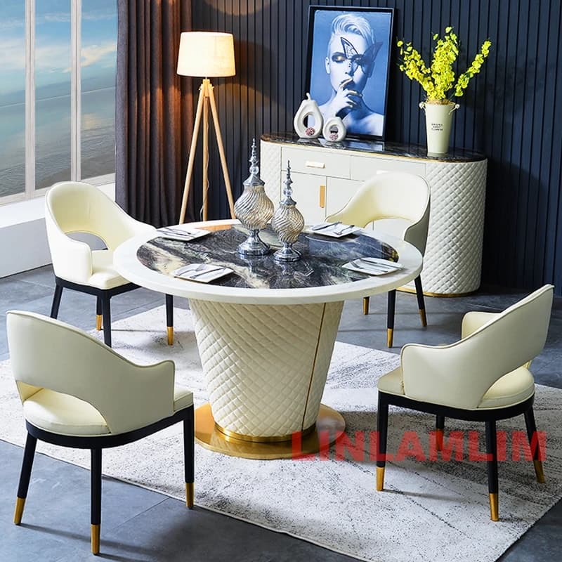 Ensemble de table à manger moderne 7 pièces pour 6 personnes, table à manger ronde en marbre avec 6