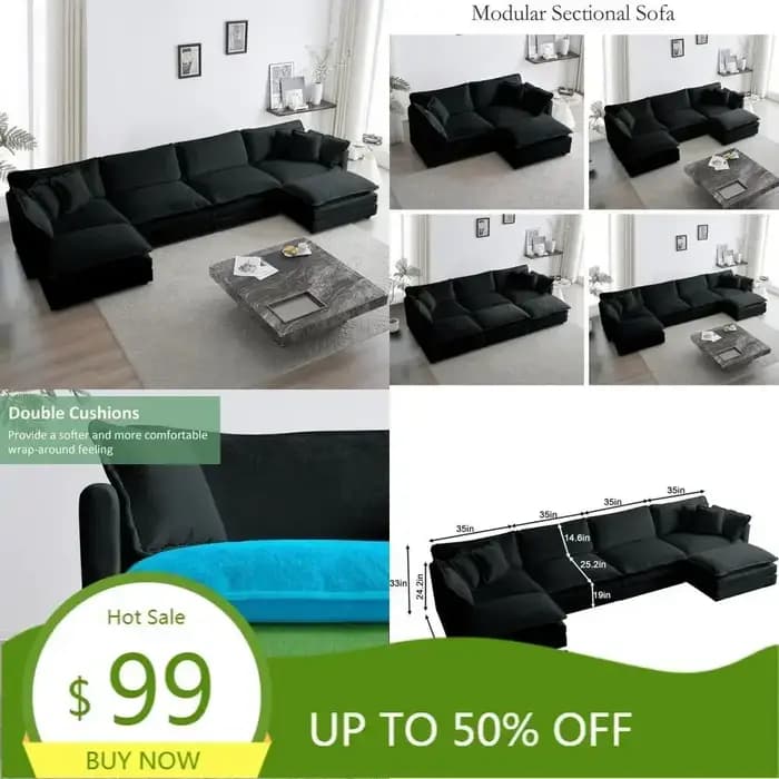 grand canapé sectionnel moderne en chenille en forme de U à 6 places en noir pour un salon confortab