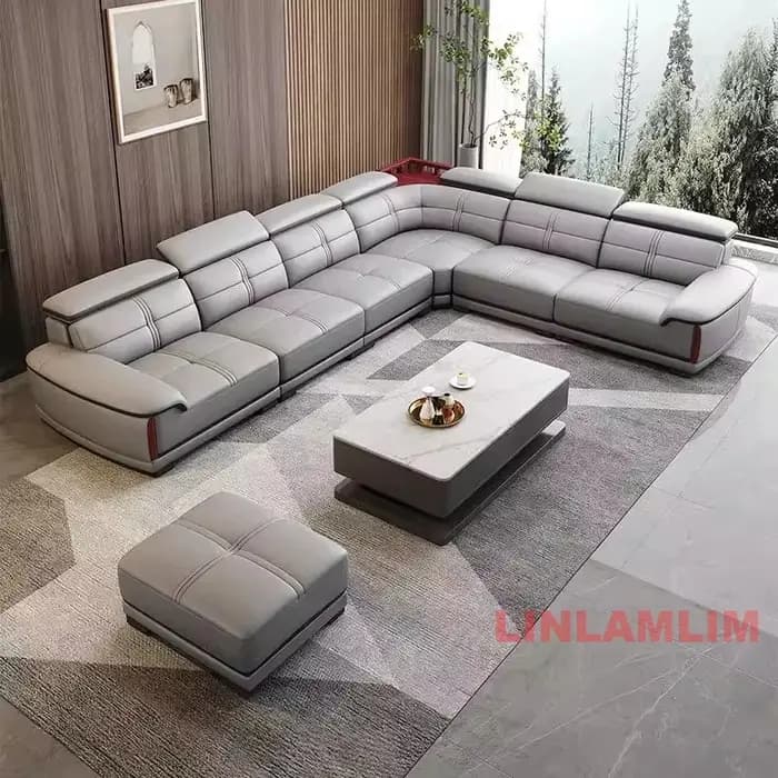 Grand canapé en cuir véritable avec chaise longue