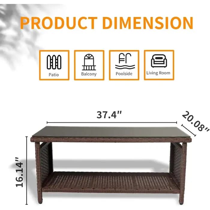 Table basse d'extérieur en osier avec plateau en verre trempé et rangement pour patio