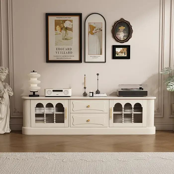 Meuble TV en bois blanc rétro avec portes vitrées de 60 pouces, tiroirs, support bas, pour sol ou mu