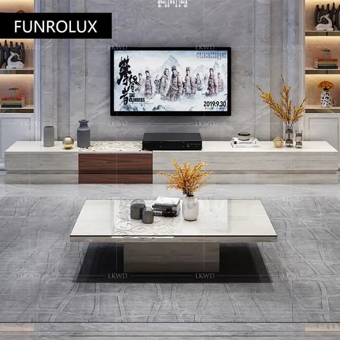Pierre de grotte naturelle moderne trou blanc sculpté meuble TV et combinaison de table à thé ensemble bas armoire cabinetS-103G de sol