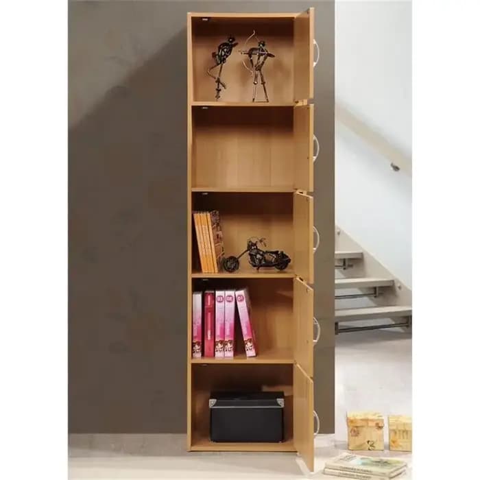 Bibliothèque à 5 étagères et 5 portes, 59 x 15,9 x 11,75 pouces, rangement multifonctionnel fin pour