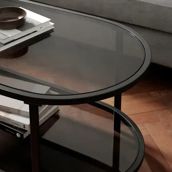 Table basse moderne à deux niveaux en verre avec pieds en métal noir - Meuble de salon pour café