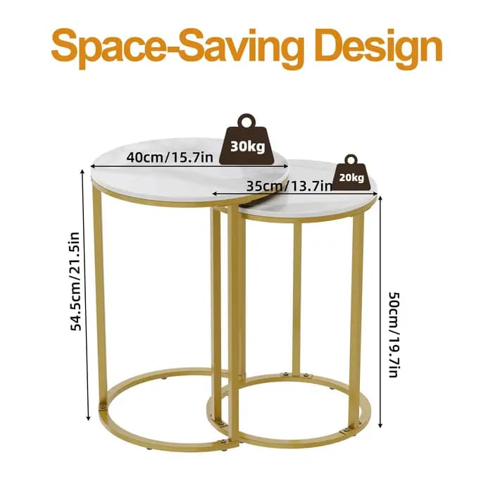 Ensemble de 2 tables d'appoint rondes en pierre frittée, base en métal, ensemble de nidification, ra