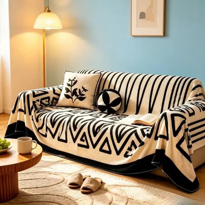 Housse de canapé style bohème en sherpa 180×230cm, couverture antidérapante noire et blanche, tissu
