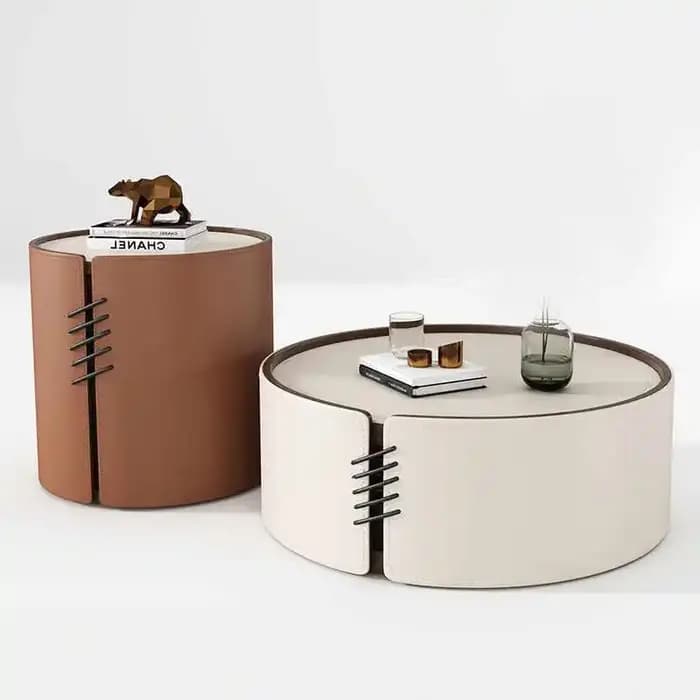 Ensemble de table basse ronde en cuir et pierre frittée