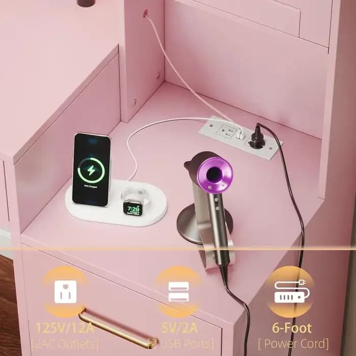 Coiffeuse de maquillage 58.3 avec station de charge, table de maquillage rose avec miroir lumineux,