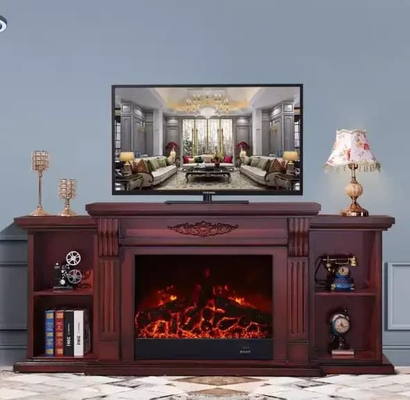 Meuble TV avec cheminée pour salon et chambre à coucher, contour de pierre empilée et télécommande,
