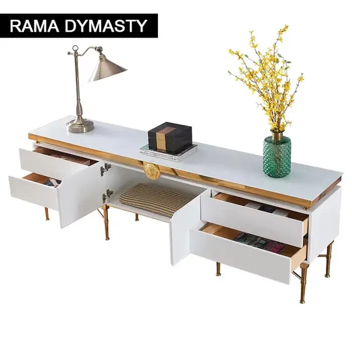Table TV de luxe avec base et rangement en acier inoxydable doré, couleurs noir et blanc