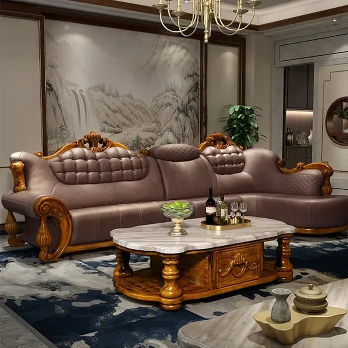 Canapé d'angle en L en cuir véritable et bois massif de style chinois moderne européen