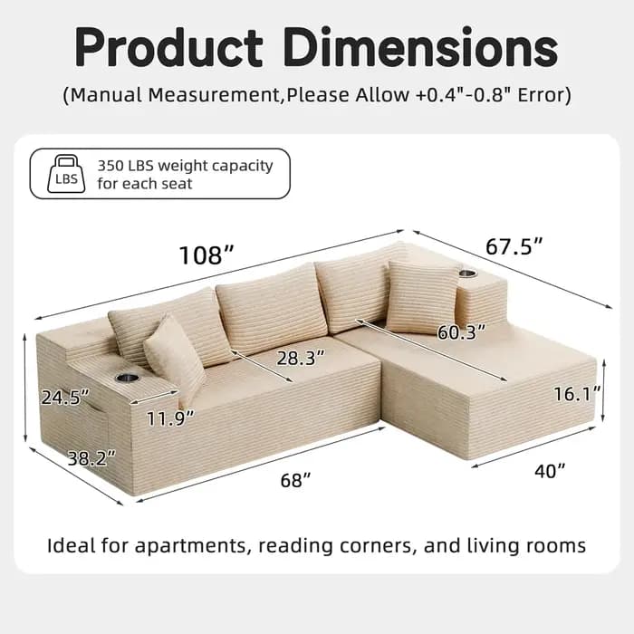 Canapé sectionnel Cloud de 108 pouces avec chaise longue en forme de L, canapé modulaire moderne, ca