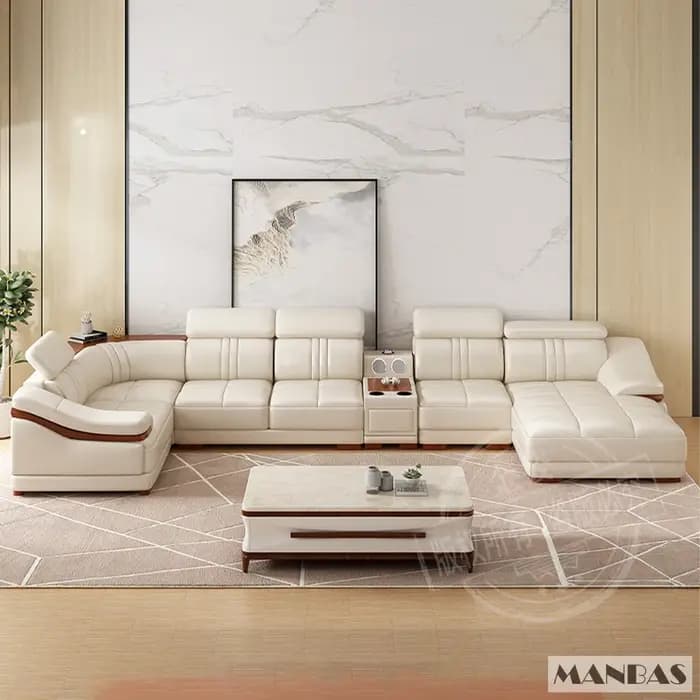 Ensemble de canapé sectionnel élégant en cuir véritable avec porte-gobelets