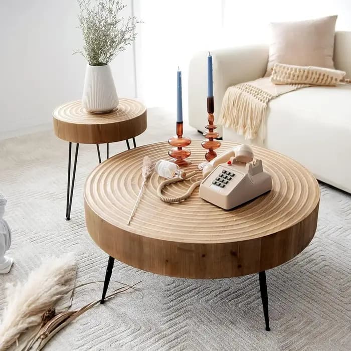 Ensemble de 2 tables basses rondes imbriquées, plateau en bois naturel avec pieds en métal noir, mot