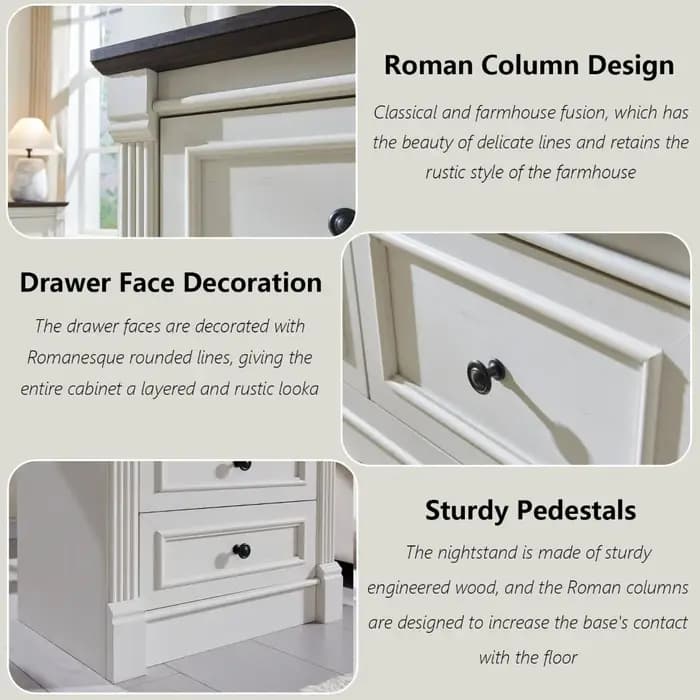 Commode à tiroirs pour chambre à coucher, grande table de chevet de style farmhouse de 23,6 po de la