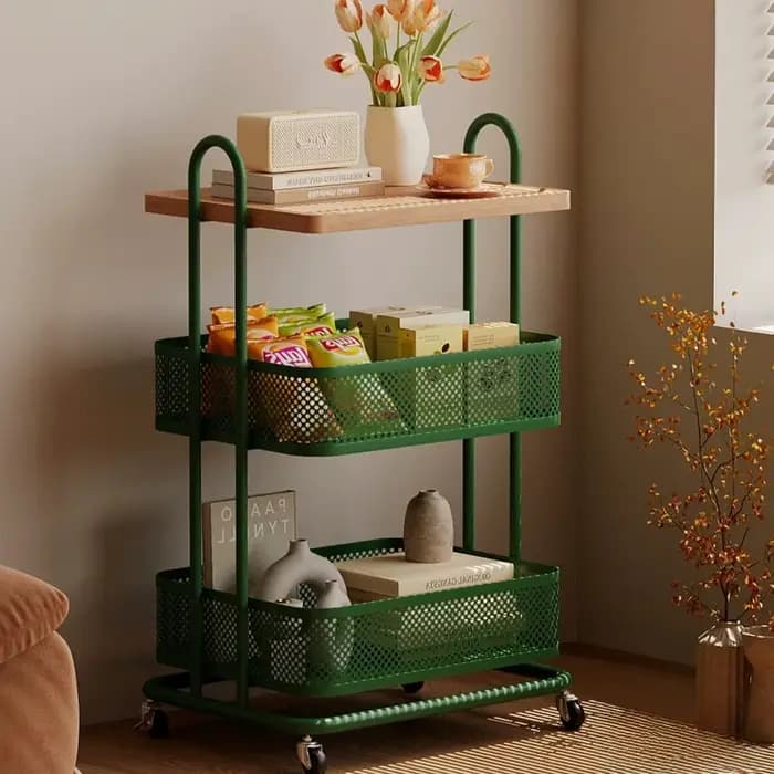 Tables d'appoint en métal et bois avec rangement sur roulettes