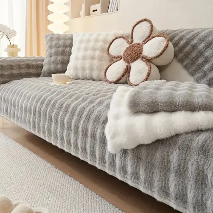 Housse de canapé en peluche Imitation fourrure de lapin, antidérapante, douce, serviette, coussin, h