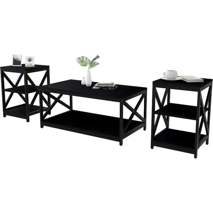 Ensemble de 3 tables basses de salon, table basse industrielle au design X et 2 tables d'appoint, ta