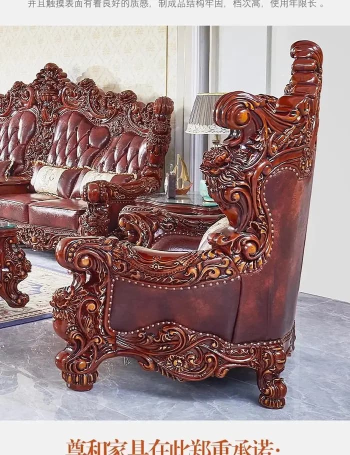 Ensemble de canapés de luxe européen en bois massif sculpté et cuir pleine fleur, mobilier de salon
