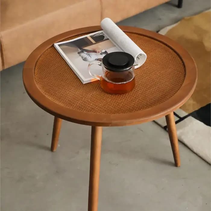 Table basse MOMO bohème rétro américaine en bois massif, table d'appoint en rotin naturel, table ronde de balcon, table d'hôtel familial