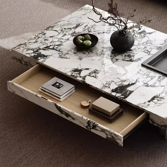 Table basse rectangulaire minimaliste en pierre avec rangement