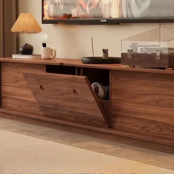 Meuble TV en bois de noyer avec coins arrondis