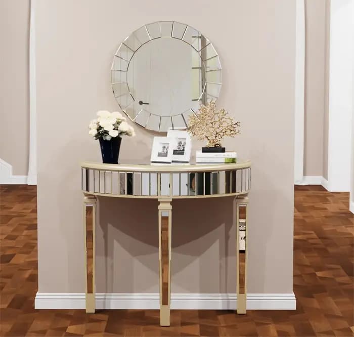 Table console miroir demi-lune pour entrée et salon, coiffeuse de maquillage pour couloir argenté, m