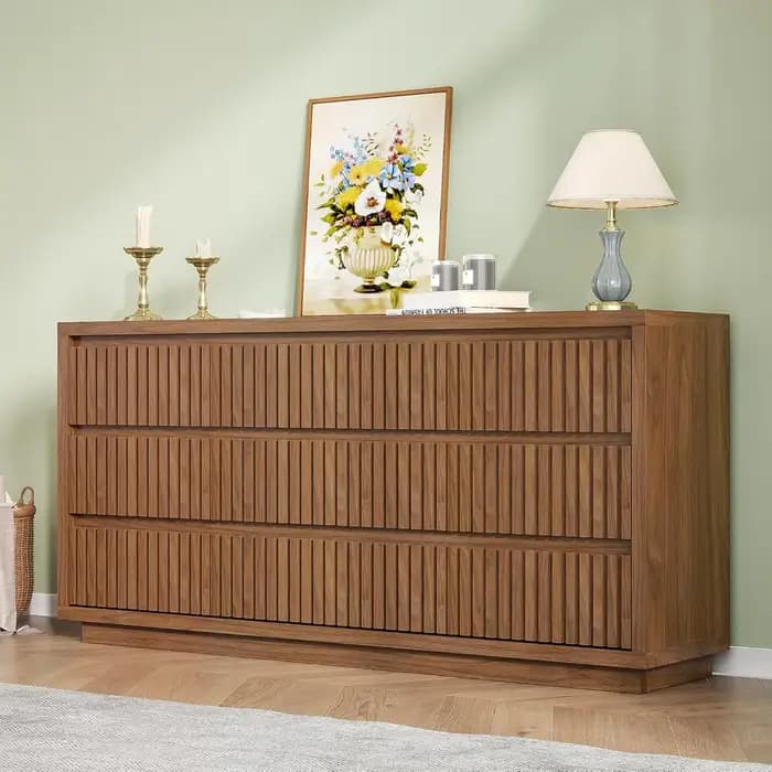 Commode à 9 tiroirs à nervures, grande commode de style mid-century pour chambre à coucher, 58 pouce