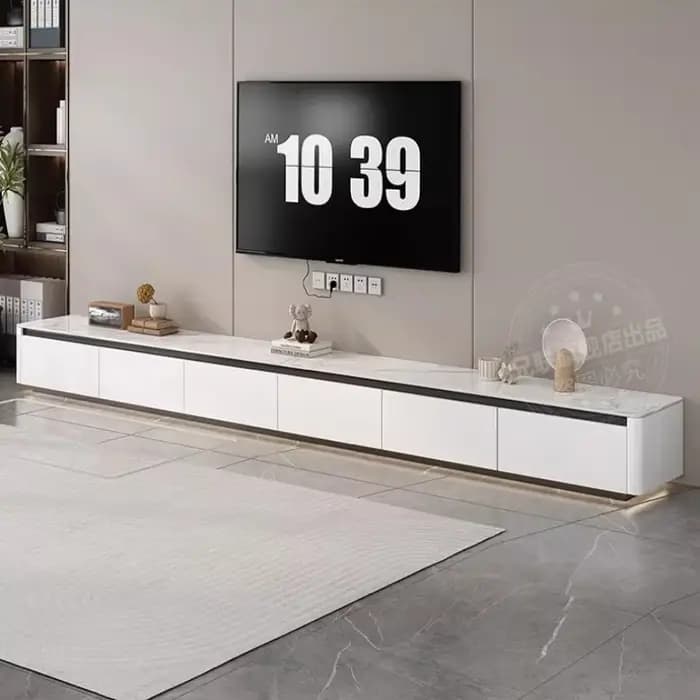 Meuble TV de salon 70 pouces blanc moderne avec étagères