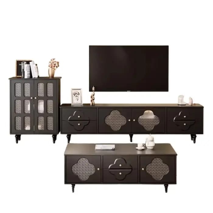 Meuble TV design noir brillant avec poignées et pieds