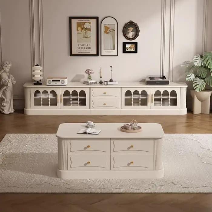 Meuble TV en bois blanc rétro avec portes vitrées de 60 pouces, tiroirs, support bas, pour sol ou mur, style nordique, meubles de maison