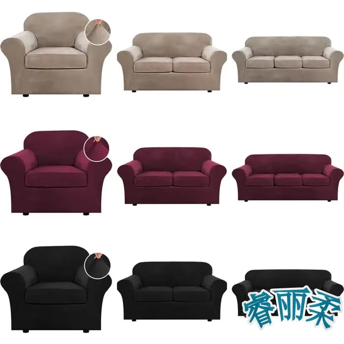 Housses antidérapantes de canapé extensibles en velours peluche 1/2/3 places avec coussin séparé