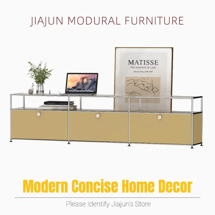 Meuble TV bas modulaire moderne | Buffet à 3 niveaux avec portes battantes | Unité de banc de rangement à cadre en