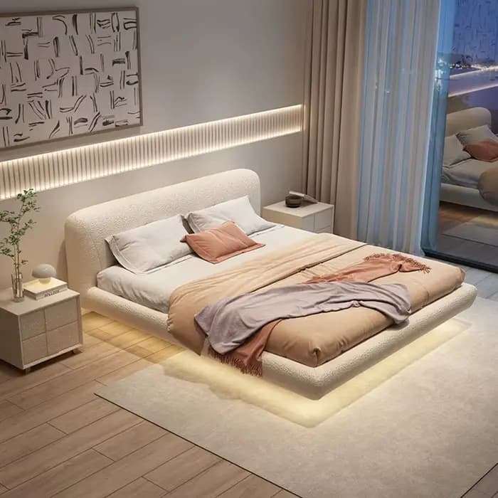 Table de chevet tendance, lit double avec tête de lit entièrement en bois, lits doubles pour adultes