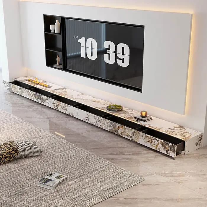 Meuble TV rond de luxe léger, style crème, compact et élégant, avec rangement créatif, esthétique premium, mobilier de salon