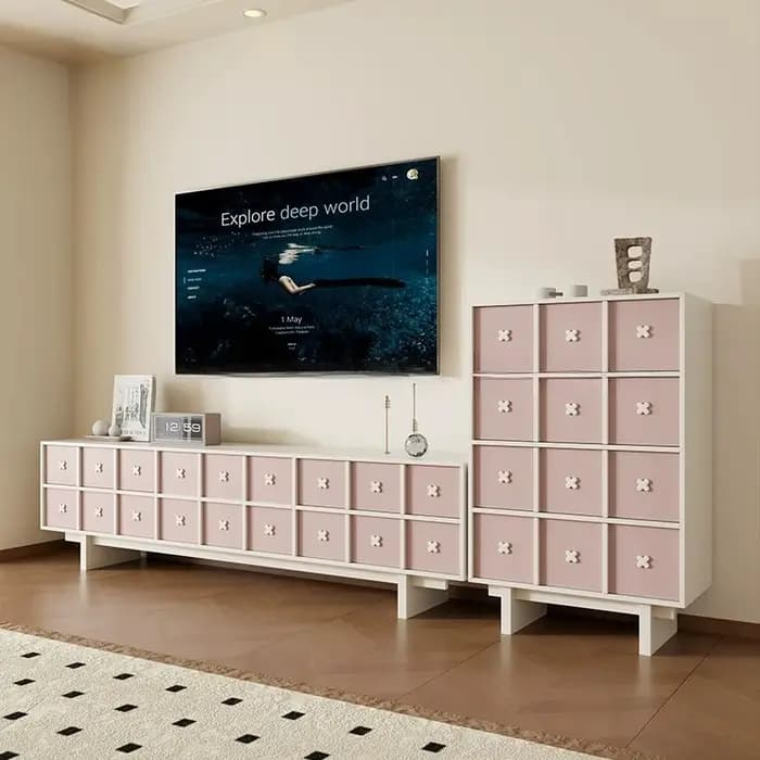 Tables TV en bois blanc, canapés étroits et longs, organisateurs, commodes, tiroirs, meubles TV, meubles de rangement, meubles pour salons.