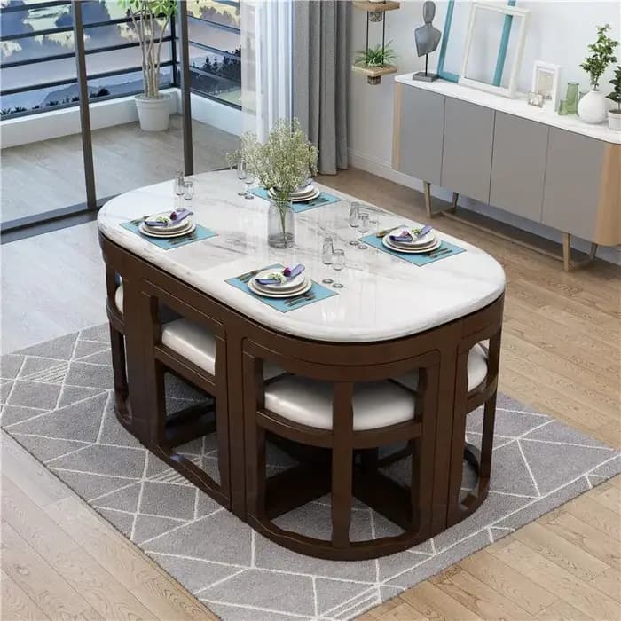Ensemble de table à manger moderne avec plateau en marbre carré, complet, avec 4 ou 6 chaises, pour