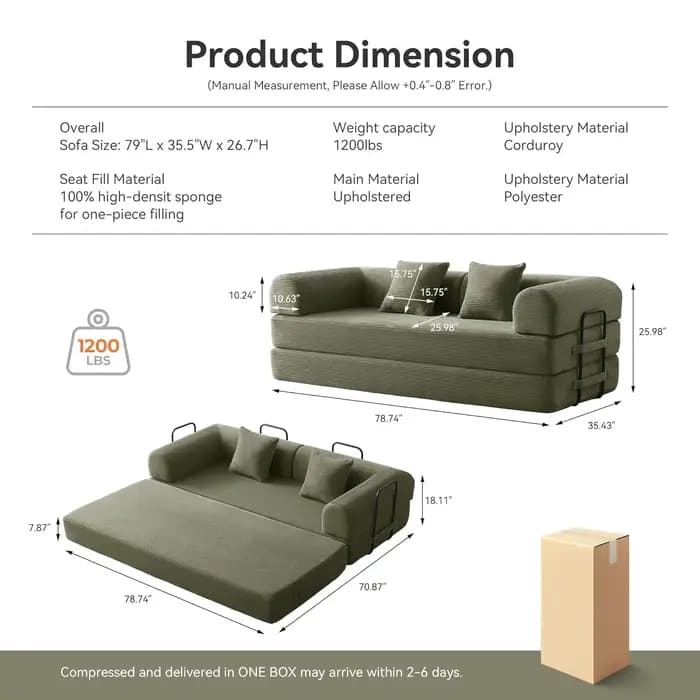 Canapé-lit, canapé convertible confortable, canapé-futon en tissu corduroy avec 2 oreillers, amovibl