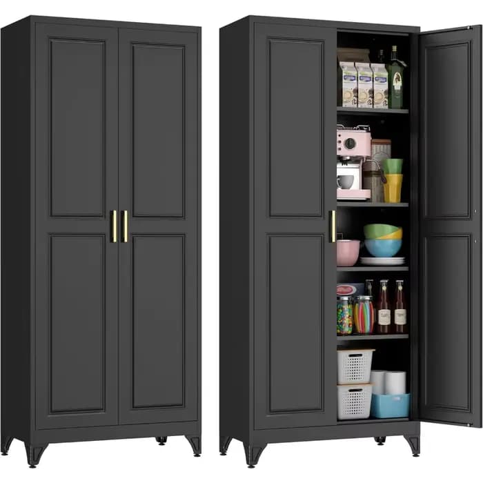 Armoire de garde-manger de cuisine de 75 pouces, armoires de rangement en métal noir avec 2 portes e