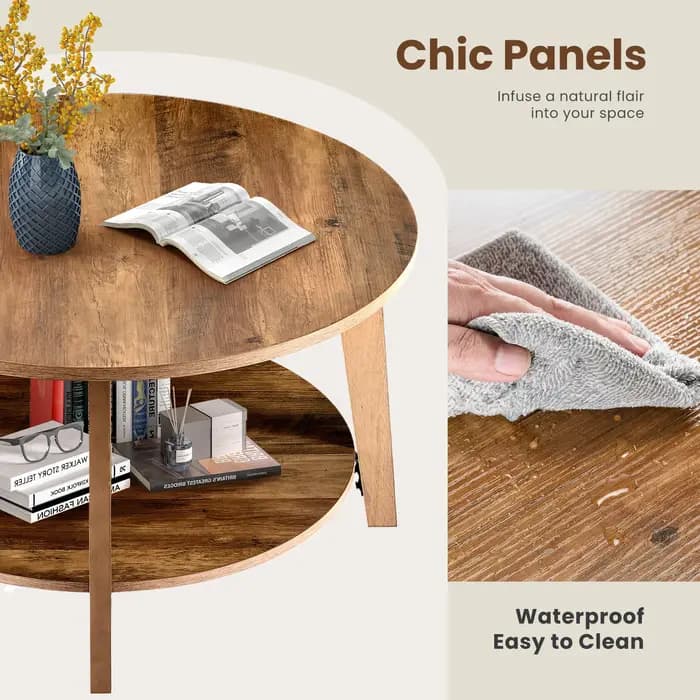 JHK – Table basse ronde en bois de 32 pouces, pour salon, comptoir central à 2 niveaux avec rangemen