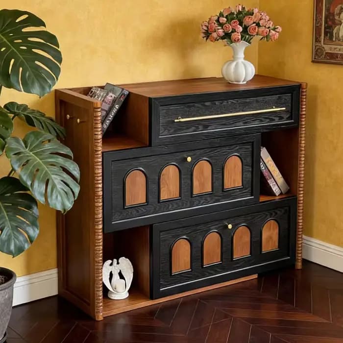 Buffet en bois, console géométrique sculptée en bois massif, chêne teinté noir, armoire en noyer naturel, meuble de couloir moderne