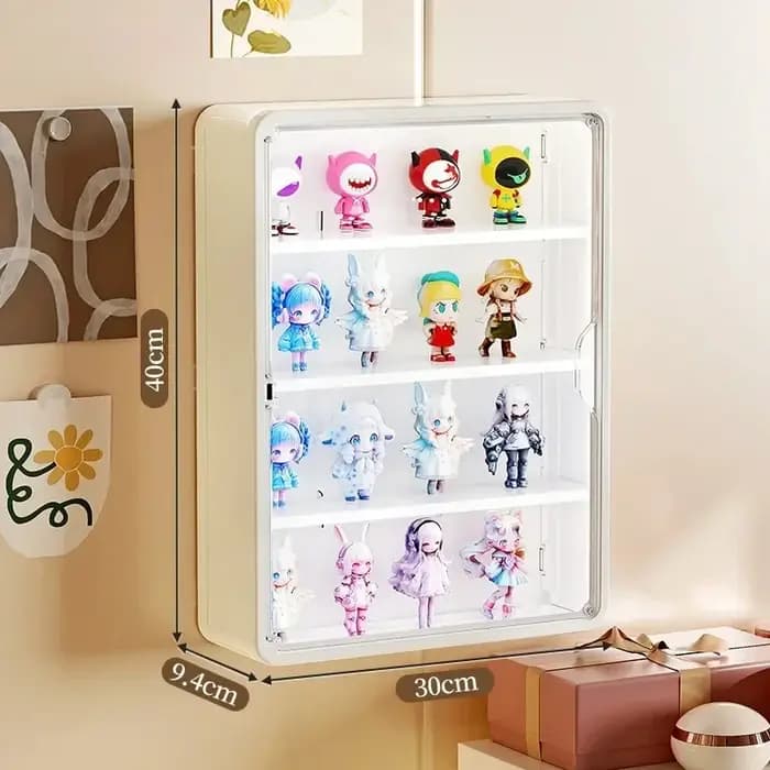 Vitrine murale blanche à 4 niveaux, étagère transparente anti-poussière pour le rangement de figurin