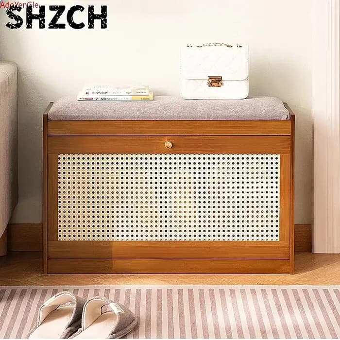 Banc d'entrée en bambou naturel avec coussin et rangement basculant pour chaussures