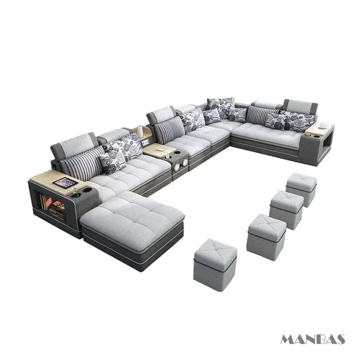 Canapé en tissu moderne en forme de U avec tabourets