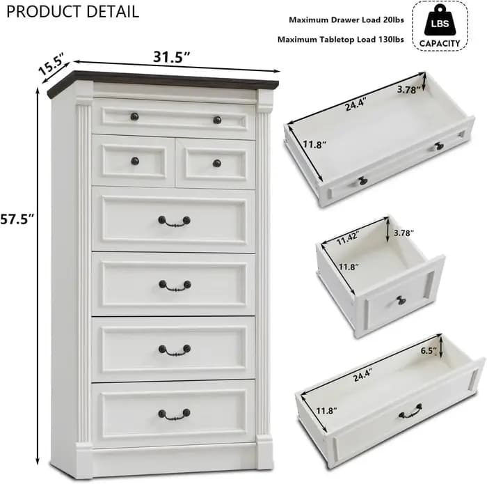 Commode Farmhouse à 7 tiroirs, grande commode à colonne romaine de 57 po, chambre à coucher, couloir